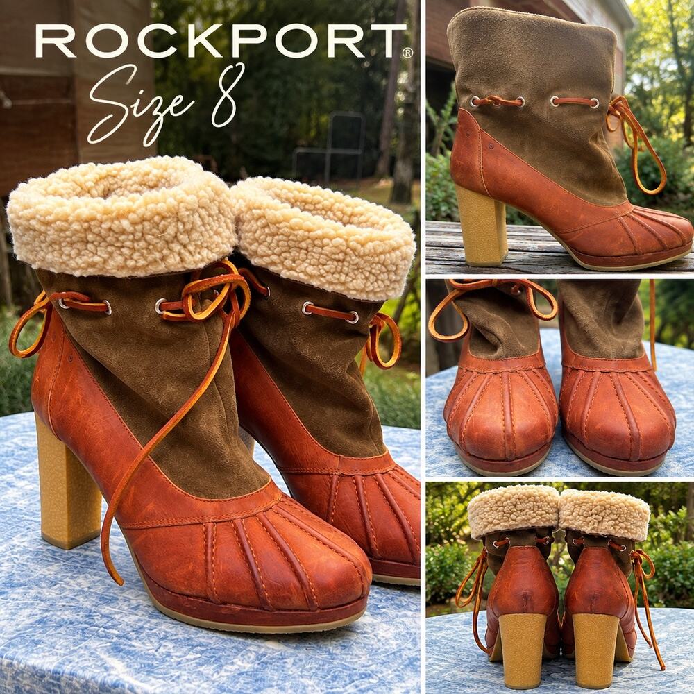 Rockport Courtlyn Duck Bootie 8M Leather Sherpa Fold Over 4in Heel Toffee Olive
